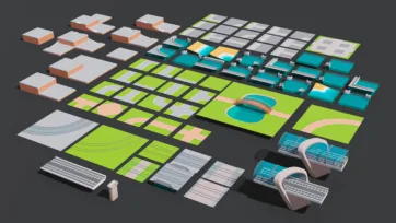 Low poly 3D city construction elements including building foundations, terrain pieces, water features, and urban planning components