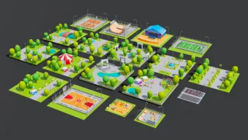 Low poly 3D recreational park facilities including playgrounds, tennis courts, fountains, circus tents, and outdoor activity areas
