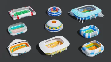 Low poly 3D sports stadium and arena models featuring football stadiums, basketball courts, and various sporting venue designs