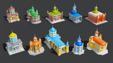 Low poly 3D religious building collection featuring churches, cathedrals, and temples with colorful domes and traditional architecture