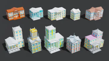 Classical European style low poly 3D building models featuring traditional architecture with columns, mansard roofs, and historical design elements