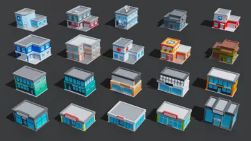 Low poly 3D public service building collection including police stations, fire departments, hospitals, and government facilities