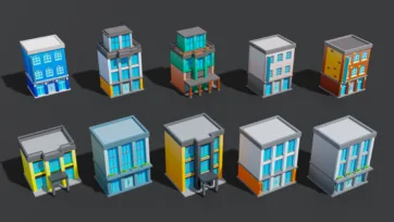 Set of modern low poly 3D commercial building models with colorful facades and contemporary architectural designs