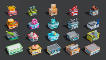 Low poly 3D commercial shop building models including fast food restaurants, donut shops, gyms, and retail stores with themed designs