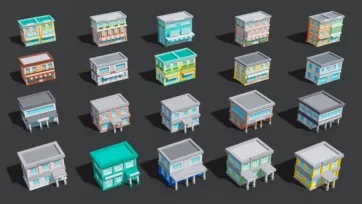 Collection of small low poly 3D building models with colorful facades, modern houses, and residential structures for city design