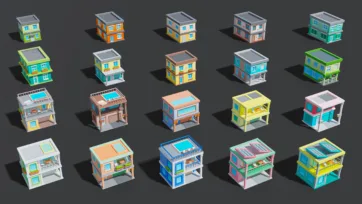 Collection of small low poly 3D house models with various colors, modern designs, and residential features