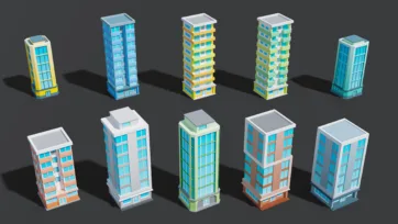 Low poly 3D mid-rise building assets with modern designs and colorful architectural elements