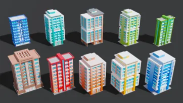 Collection of low poly 3D residential building models with colorful facades and apartment complexes