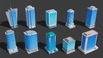 Set of low poly 3D office building models with blue glass facades and modern architectural designs