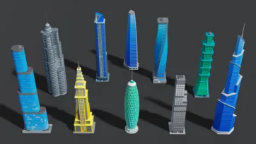 Collection of famous low poly 3D skyscraper models including Empire State Building and modern towers