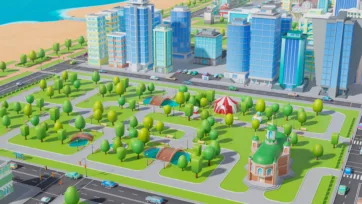 Low poly 3D city park scene with red and white circus tent, green trees, pathways, and surrounding buildings
