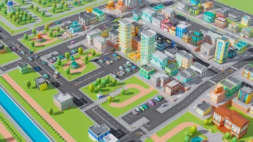 Low poly 3D suburban neighborhood with colorful houses, parks, small buildings, and residential streets