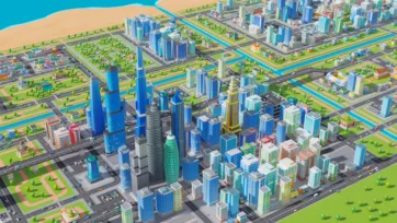 Low poly 3D downtown city center with tall blue skyscrapers, green parks, and organized urban grid layout