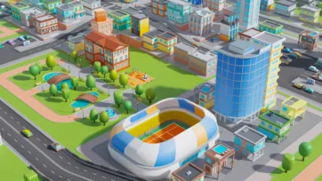 Low poly 3D urban scene featuring large stadium, green park with playground, and surrounding city buildings