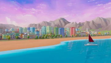 Low poly 3D coastal city with colorful buildings, sailboat, purple sky, and dramatic mountain range background