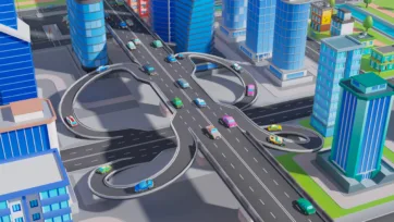 Complex highway overpass intersection in low poly 3D city with curved roads and modern skyscrapers