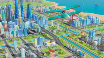Low poly 3D city scene with red airplane flying over urban landscape, stadium, and waterfront area