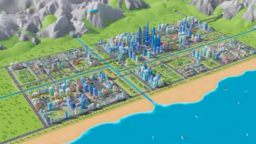 Aerial view of low poly 3D coastal city with blue ocean, sandy beach, organized districts, and mountain backdrop