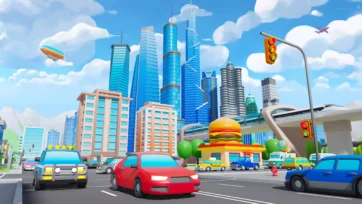 Low poly 3D city street scene with colorful cars, modern skyscrapers, traffic lights, and urban infrastructure in cartoon style