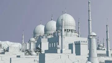 Technical wireframe view of Islamic mosque complex with multiple domes and minarets in 3D modeling software