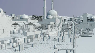 Wireframe 3D model view of desert harbor with Islamic mosque, docks, and boats in grayscale technical rendering