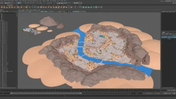 Maya 3D software workspace displaying low poly desert city model with Islamic mosques and detailed asset hierarchy