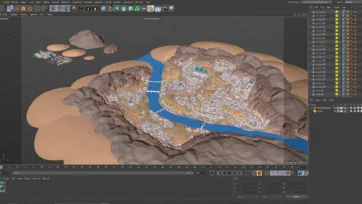 Cinema 4D software interface showing 3D desert city scene development with Islamic architecture and river system