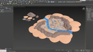 3DS Max software interface displaying 3D low poly desert city model with Islamic buildings and canyon landscape