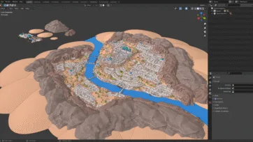 Blender 3D software showing wireframe and rendered desert city model with Islamic architecture in canyon setting
