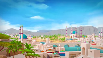 Desert city oasis with Islamic mosques, banana plants, palm trees, and stone bridge under blue sky