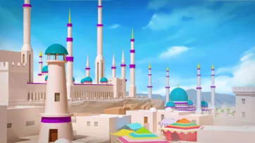 Low poly desert city with fortress towers, Islamic mosques with turquoise domes, and colorful market tents