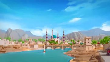 Desert oasis city with Islamic mosque, stone bridge, sailboat on blue water, and rocky mountain landscape