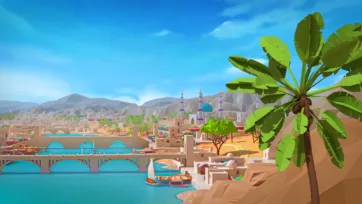 Desert city waterfront with banana palm tree, stone bridge, Islamic mosque, and blue water under clear sky