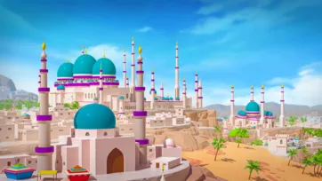 Low poly Islamic desert city with mosques, colorful buildings, palm trees, and mountain backdrop under blue sky