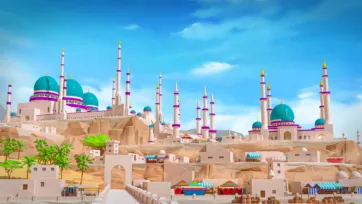 3D low poly desert city with multiple Islamic mosques featuring turquoise domes and minarets in rocky canyon landscape