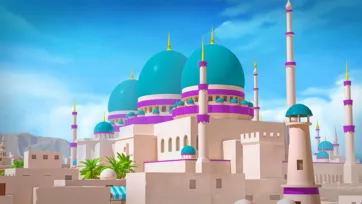 Close-up view of Islamic mosque with large turquoise domes, ornate minarets, and architectural details against blue sky