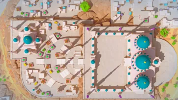 Top-down aerial view of Islamic mosque courtyard showing geometric layout, fountains, and colorful architectural details