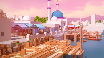 Desert city harbor with wooden docks, marketplace stalls, and Islamic architecture under pink evening sky