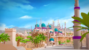 Large Islamic mosque complex with fortress walls, multiple domes, and minarets in 3D low poly desert setting
