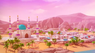 Desert oasis scene with Islamic mosque and palm trees under pink gradient sky in low poly art style