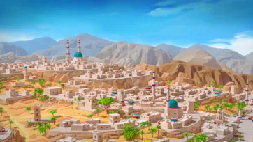 3D low poly desert city built into rocky mountains with Islamic buildings and scattered vegetation