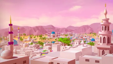 Low poly desert village with small mosque and minarets against mountain backdrop during pink sunset