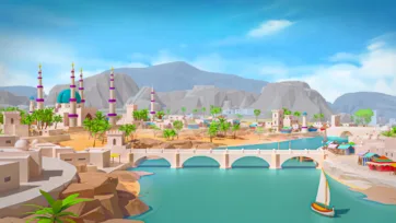 Coastal desert town with Islamic mosque, three-arch stone bridge, and sailboat on turquoise water
