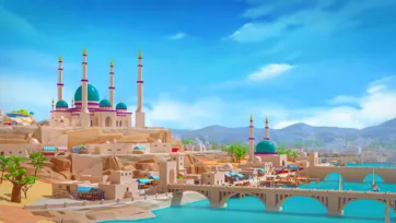 Desert city scene with Islamic mosque, stone bridge over blue water, and low poly architectural elements
