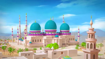 Majestic 3D low poly mosque with three large turquoise domes, multiple minarets, and desert city surroundings