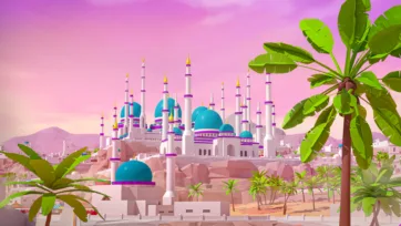 Islamic mosque with blue domes surrounded by tropical banana plants under pink gradient sky in low poly style