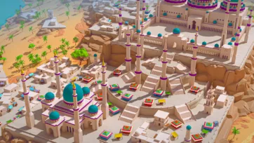 Close-up view of 3D low poly mosque courtyard with geometric patterns, colorful market stalls, and Islamic architecture details