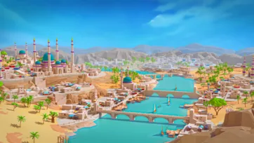Low poly desert city waterfront with stone bridge, sailing boats, Islamic architecture, and mountain landscape
