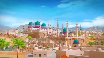 3D low poly desert city with Islamic buildings, turquoise domed mosques, and oasis vegetation