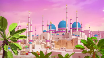 Grand Islamic mosque with multiple blue domes and tall minarets in low poly style during pink sunset